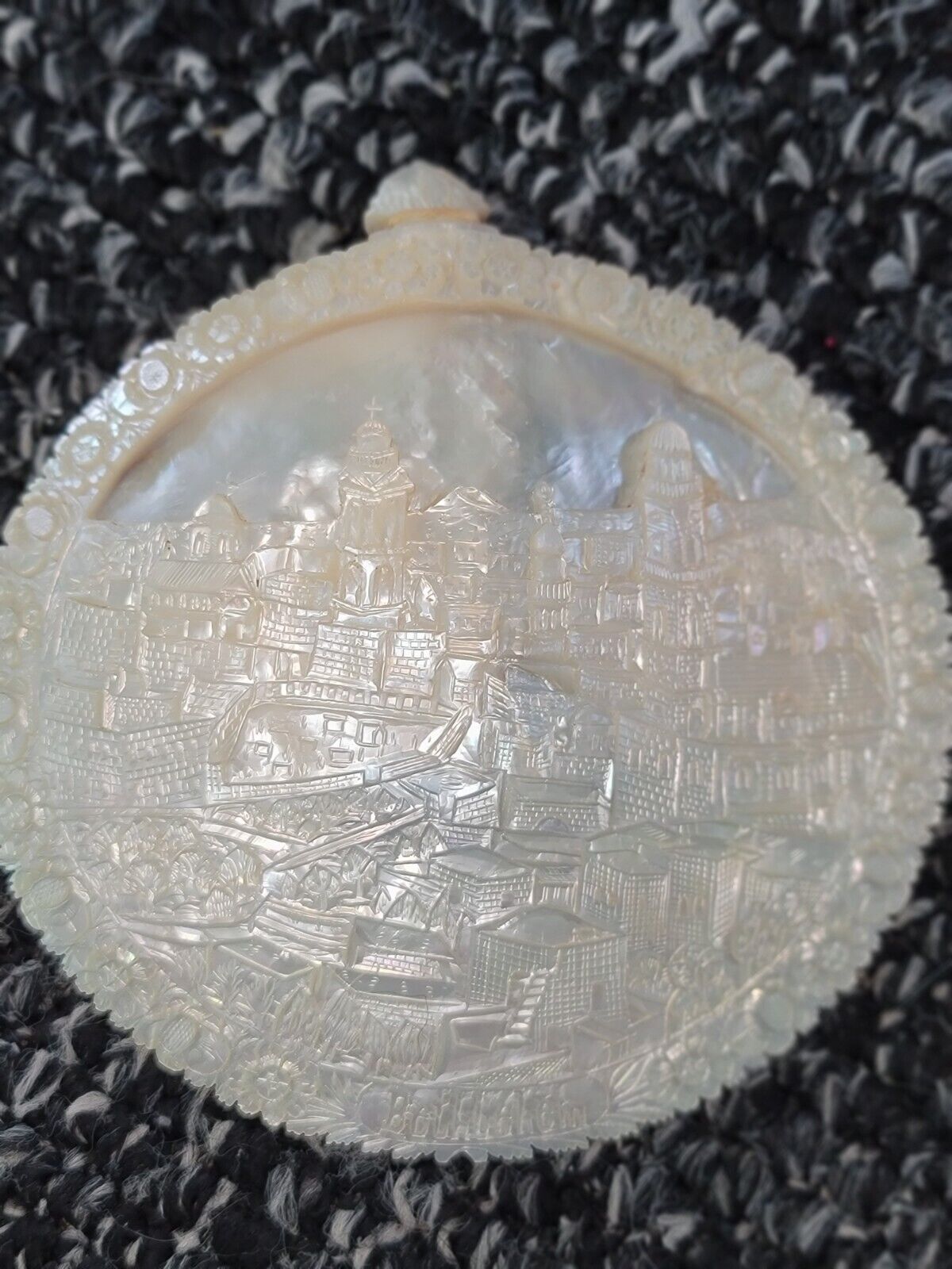 LG Rare Antique Early 19 Century Hand Carved Mother Pearl Nacre Shell Bethlehem
