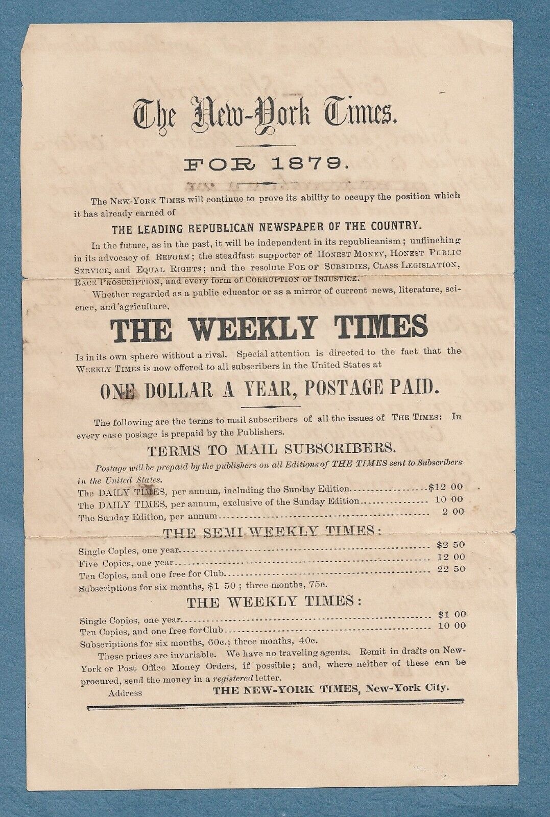 Vint 1879 Adv Mailer New York Times Newspaper Subscriptions NYC  Manuscript Back