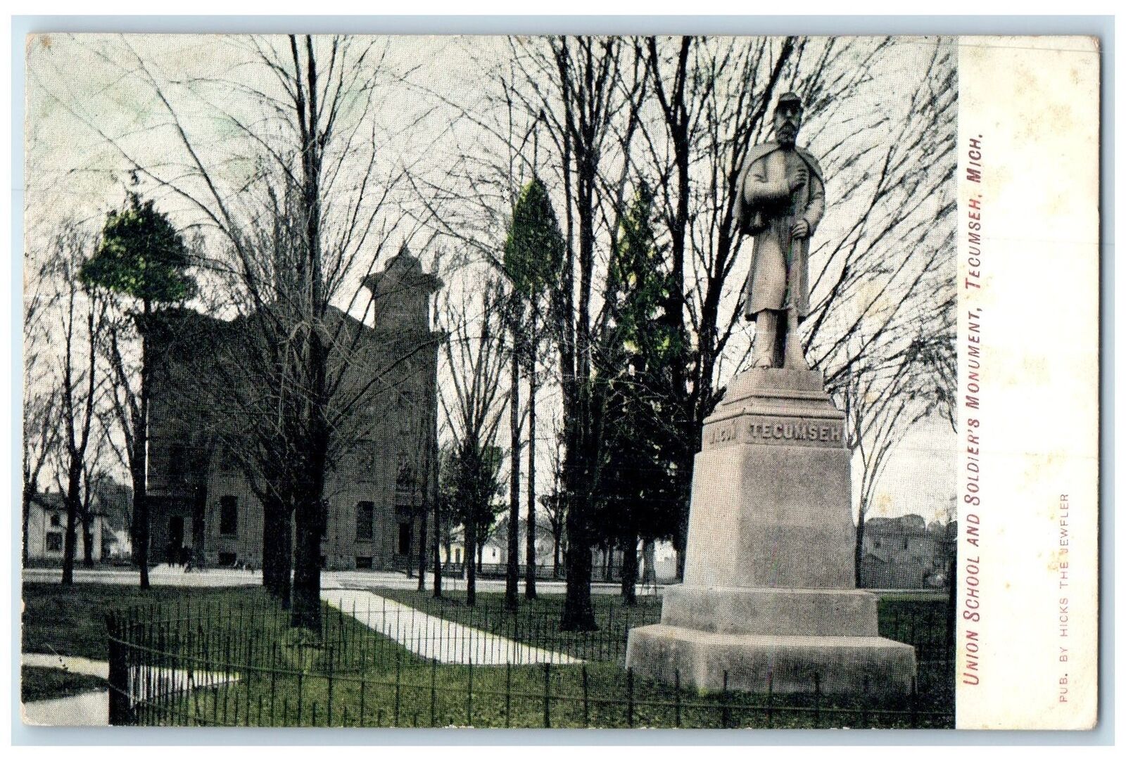 c1920's Union School Campus & Soldier's Monument Tecumseh Michigan MI Postcard
