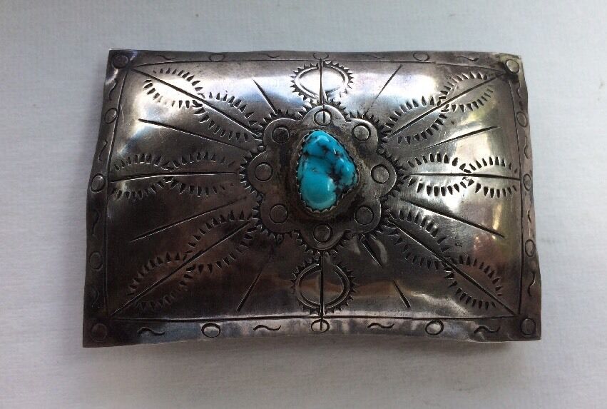 Vintage Belt Buckle Old Pawn Navajo Silver and Turquoise Belt Buckle