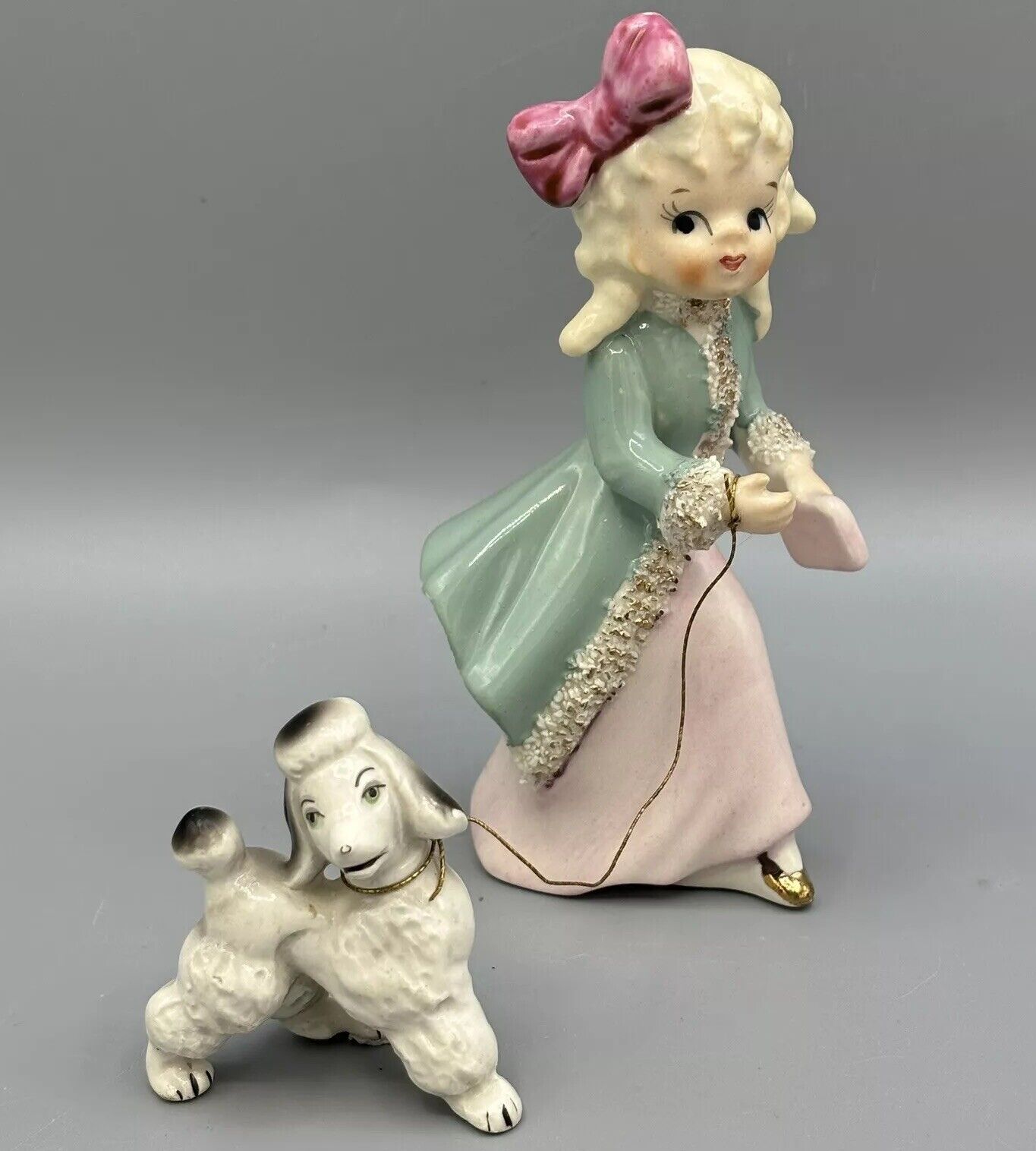Vintage Mid Century Porcelain Figurine Girl  poodle on Leash Japan 5” Spaghetti