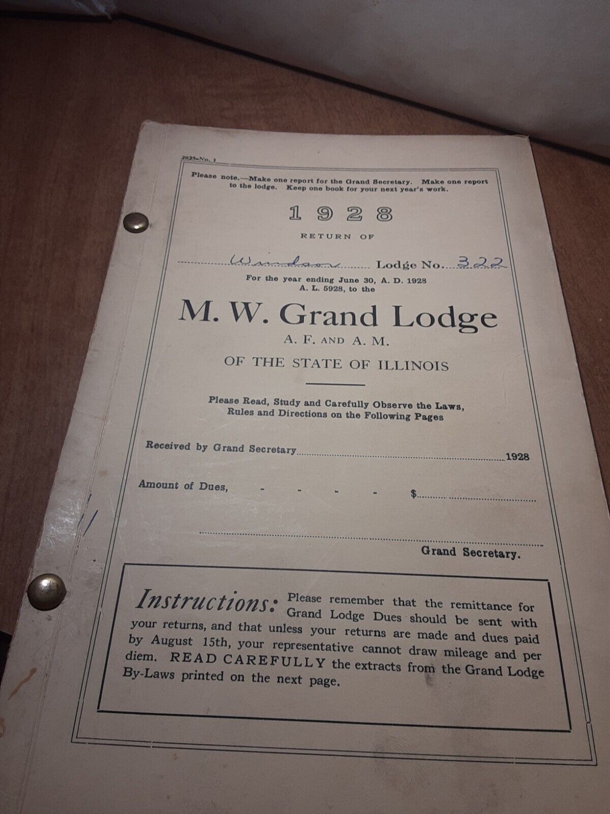 Antique Masonic Official Grand Lodge of the State of Illinois Lodge Report 1928