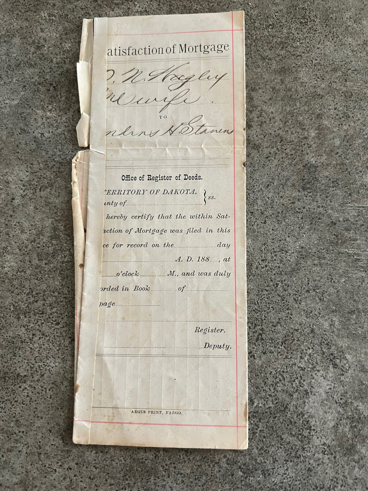 1885 Dakota Territory Mortgage Document