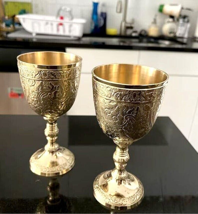 Solid Brass Engraved Wine Embossed Goblet Handmade Chalice to the king & Queen