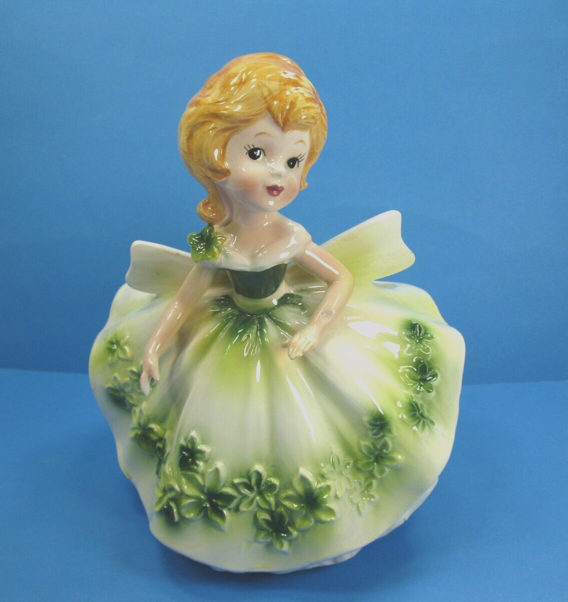 Relpo Planter Lady in Green Flower Dress Figurine #5835 Vintage READ