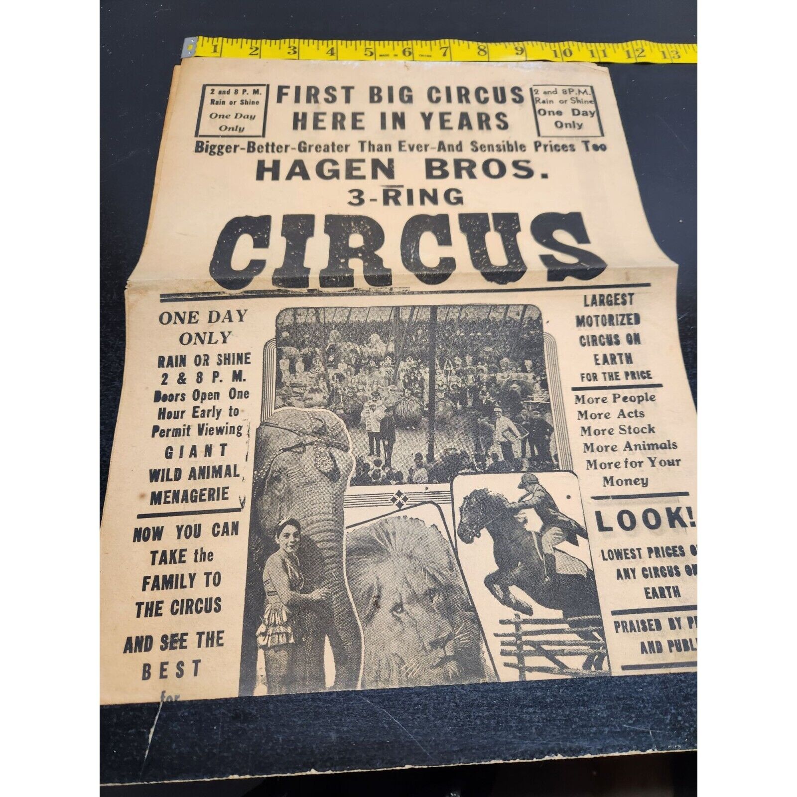 Ad for Hagen Brothers 3 Ring Circus Ephemera - Elephants, Clowns, Tigers