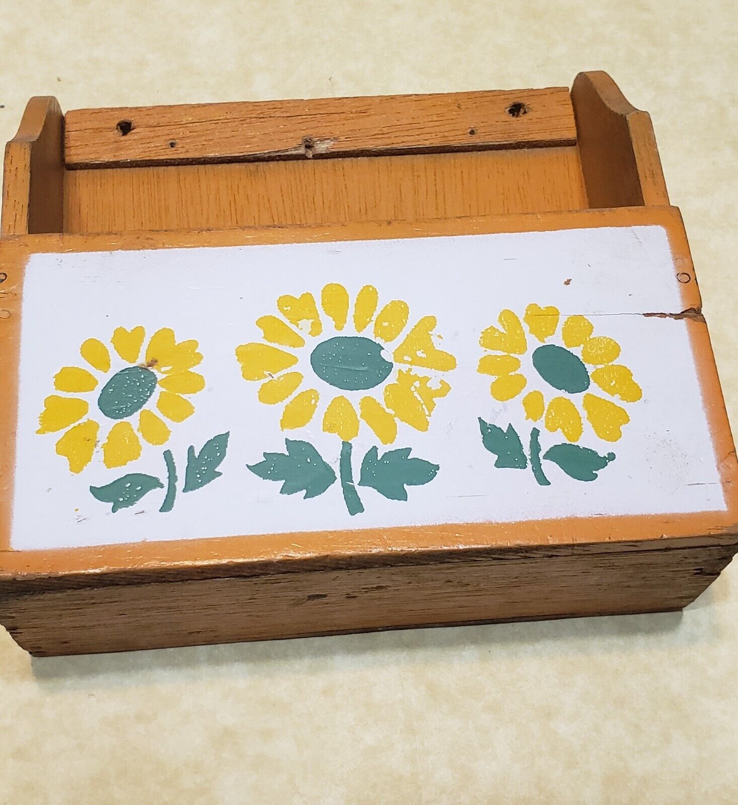 Vintage Wooden Box Wood Wall Hanging Yellow Flowers Hippy Shabby Art 5.5