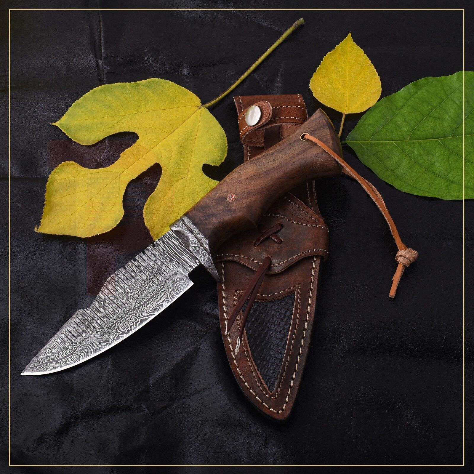 Custom Handmade Damascus Steel Bowie Hunting Knife Rose Wood Handle and Sheaths