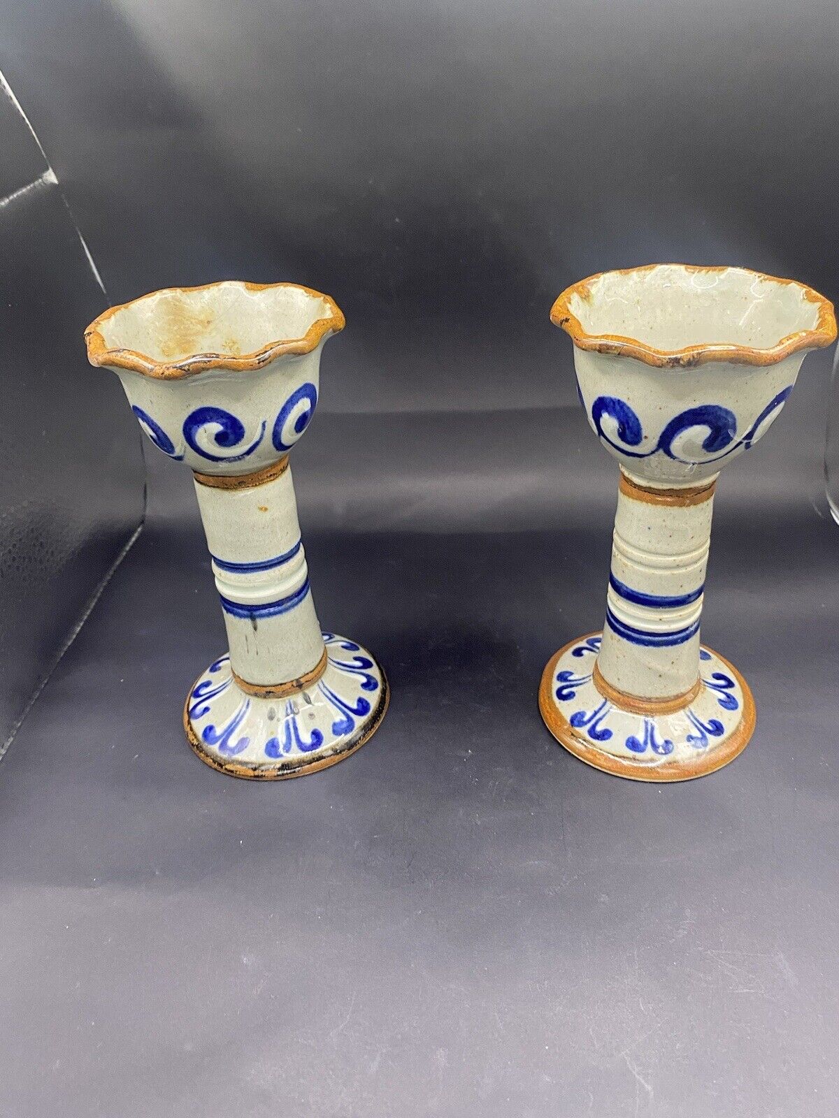 PAIR 7” MEXICAN FOLK ART POTTERY CANDLESTICKS CANDLE HOLDERS SIGNED BLUE BROWN