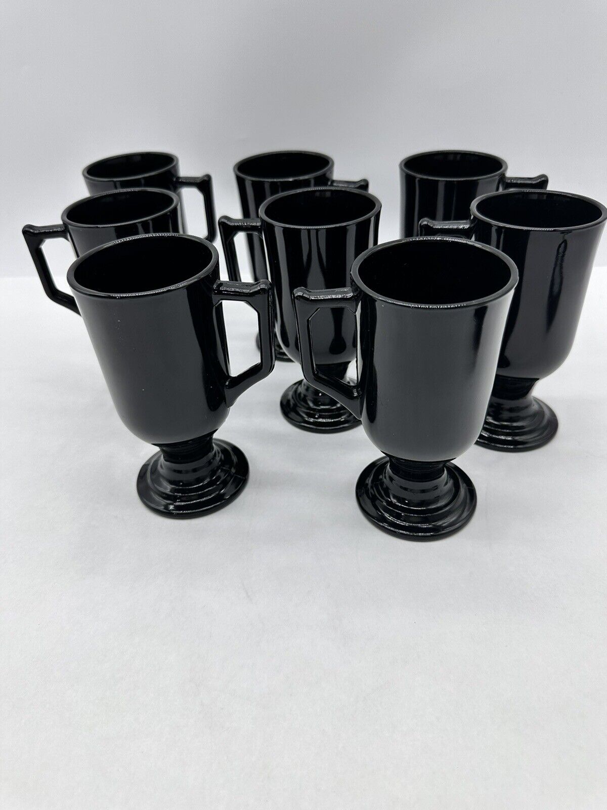 8 Mikasa Black Pedestal Mugs Elegant Classic Black Glass Mugs 5.5in