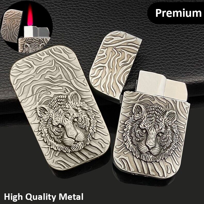 Premium Silver Lion Butane Jet Luxury Lighter Windproof Elegant Engraved Cigar🔥