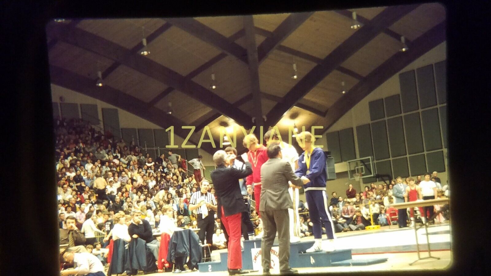 AO05 VINTAGE 35mm SLIDE Photo WRESTLERS GETTING MEDALS IN FRONT OF CROWDED GYM