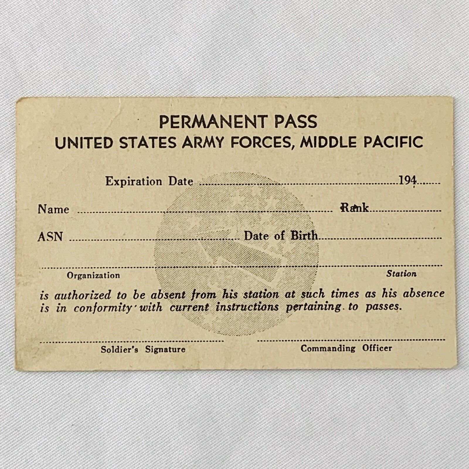 Vintage 1940's United States Army Forces Middle Pacific Permanent Pass Liberty