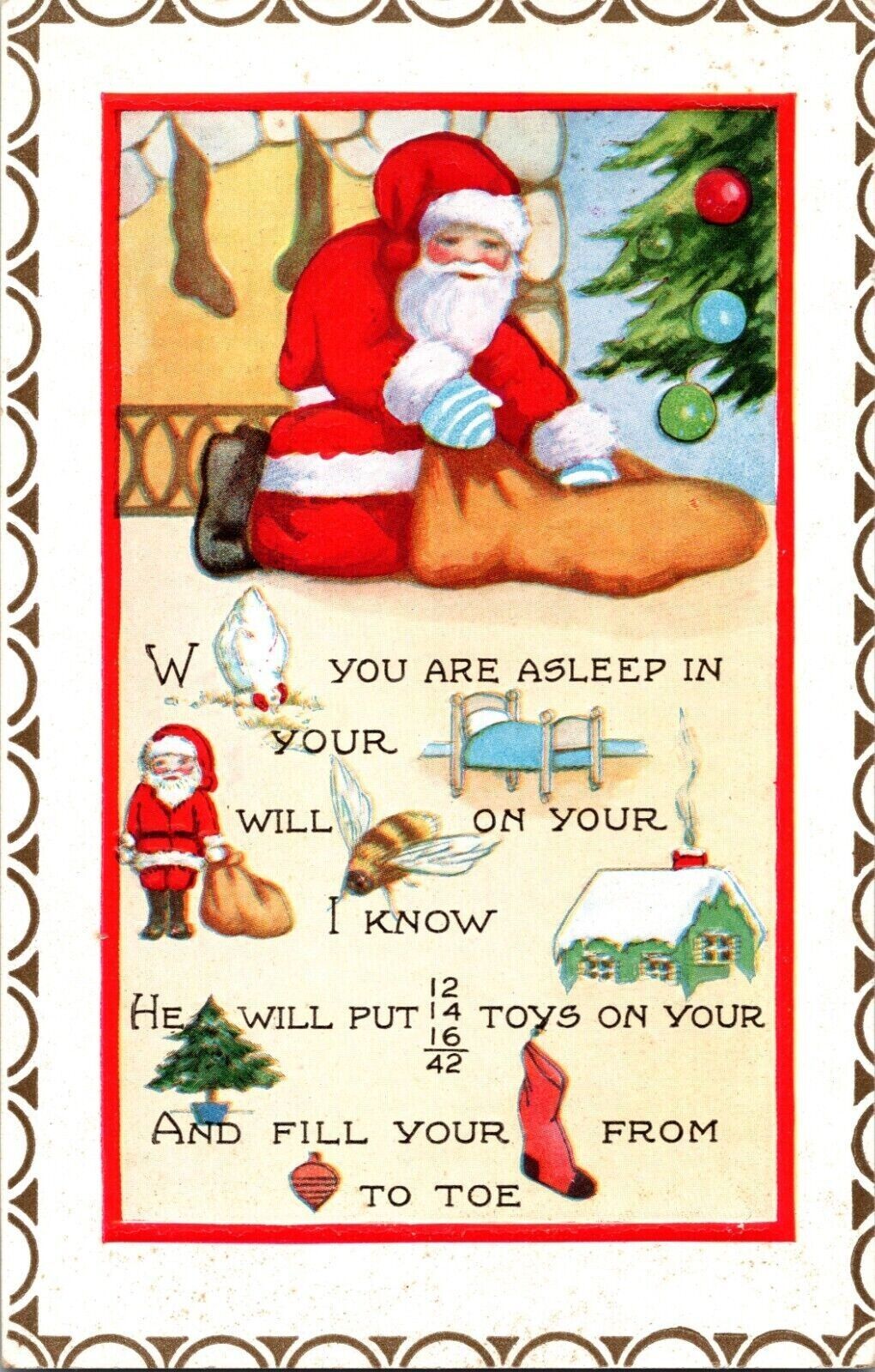 Santa Claus Picture Poem Puzzle ~Antique Whitney Rebus Christmas Postcard~h732