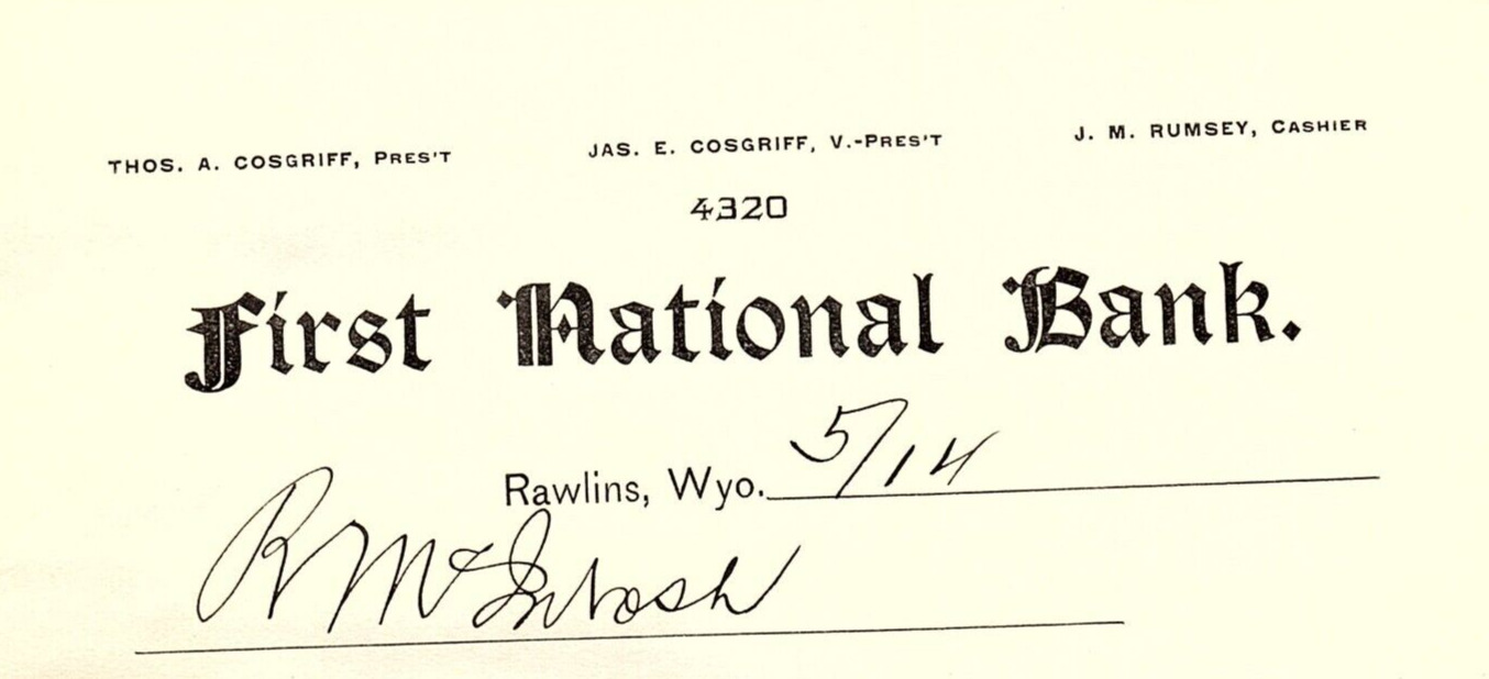 1902 RAWLINS WYOMING FIRST NATIONAL BANK OVERDRAFT NOTICE ROBT McINTOSH Z869