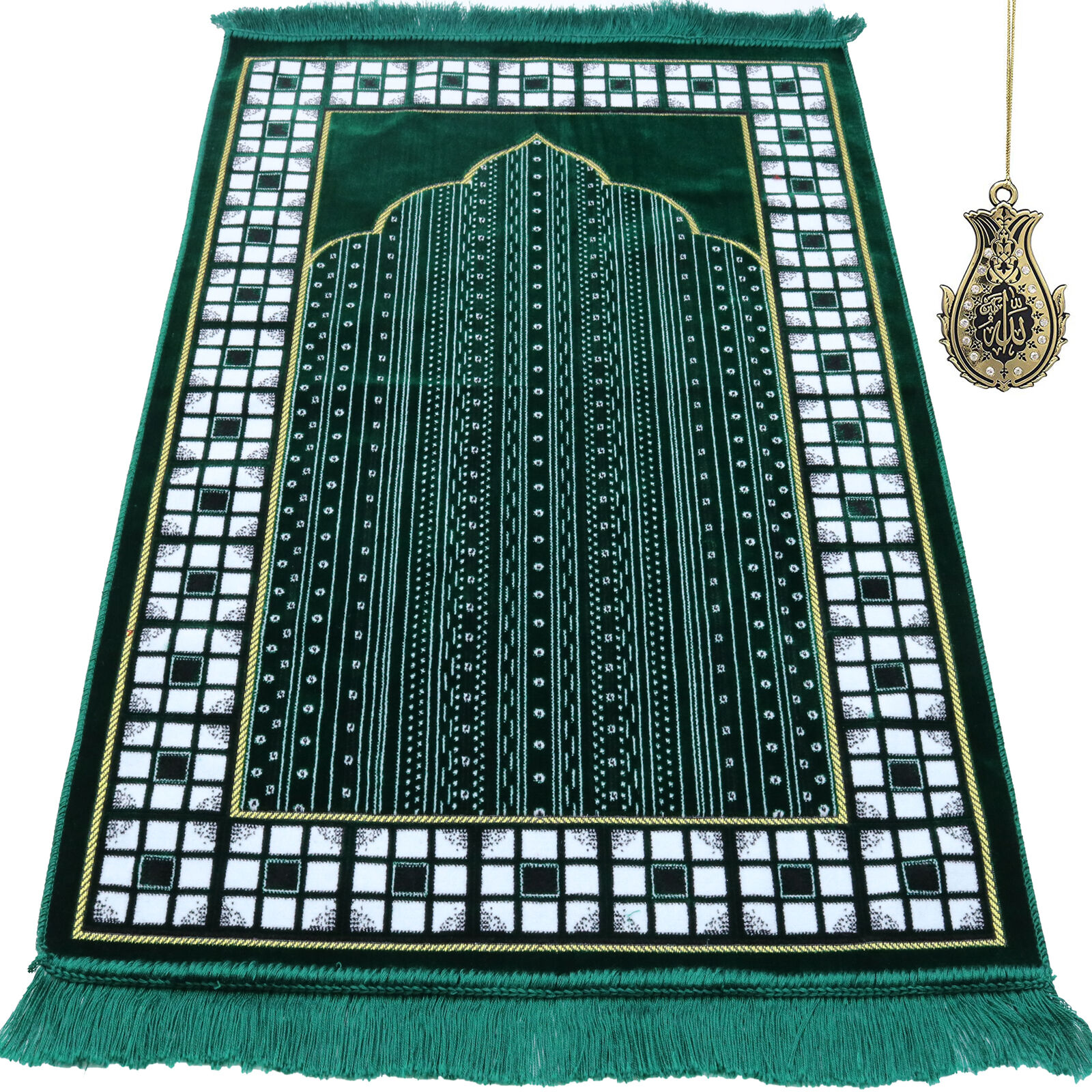 Modefa Islamic Muslim Velvet Janamaz Vined Arch Islamic Prayer Rug - Green