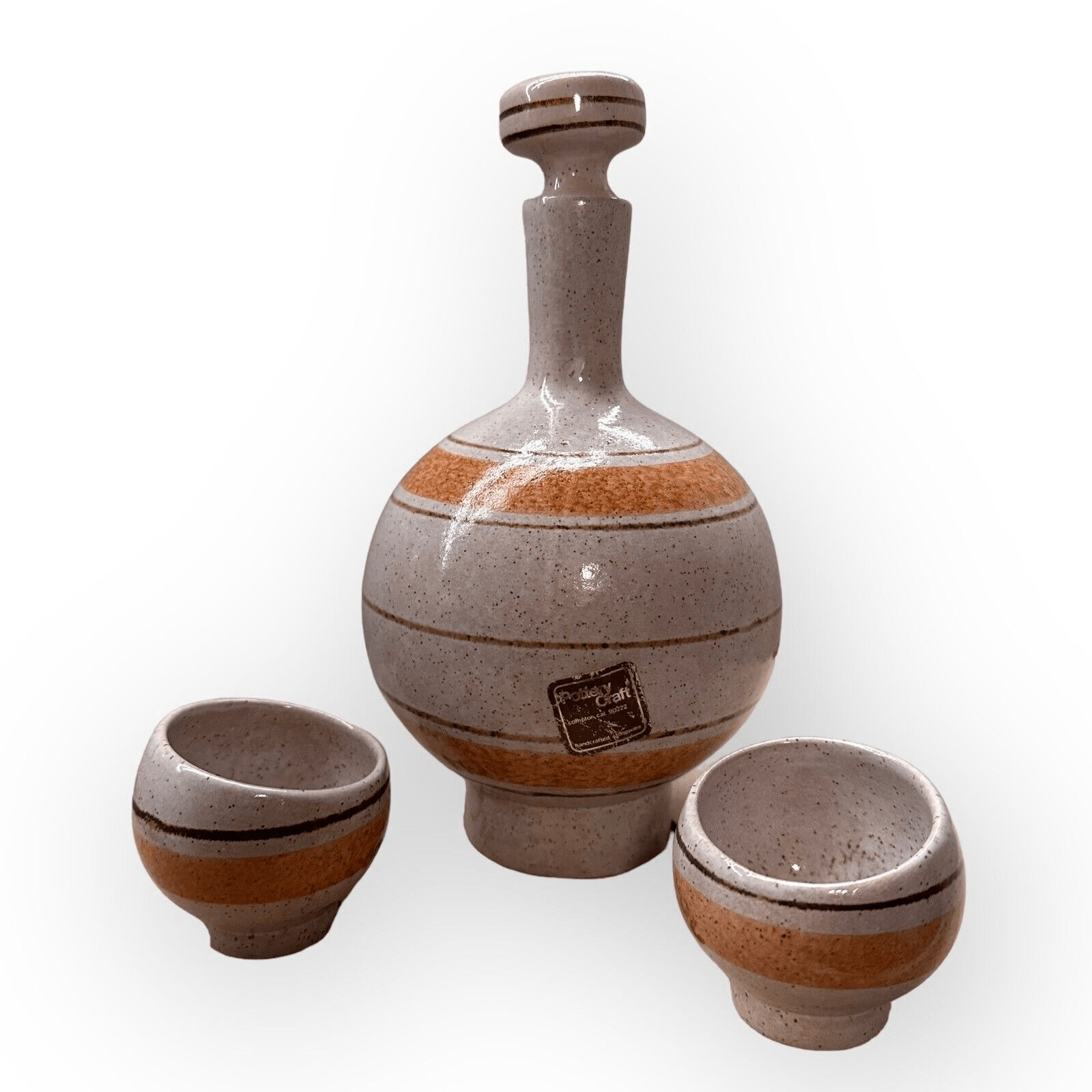 POTTERY CRAFT, Compton MCM Stoneware Pottery Sake Set Glazed MCM Decanter & Cups