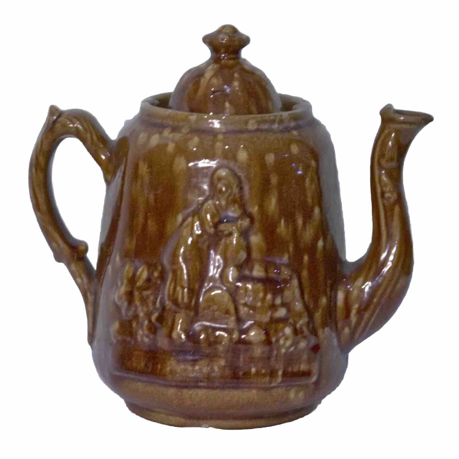 Antique Rockingham Glaze Teapot of Rebekah at the Well Brown/Yellowware