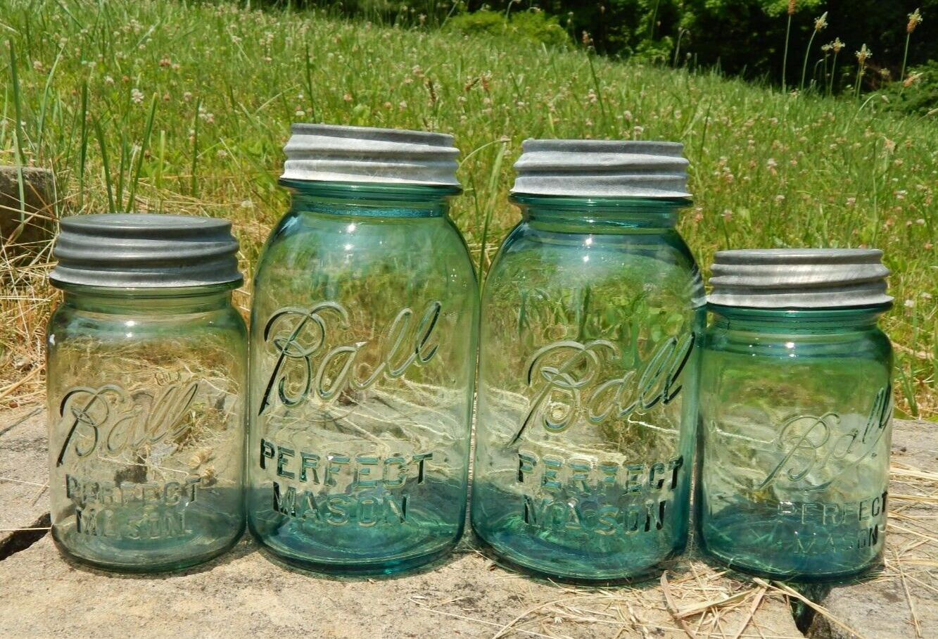 4 Vintage Ball Blue Mason Canning Fruit Jars, Storage, Home Decor w/Zinc Lids
