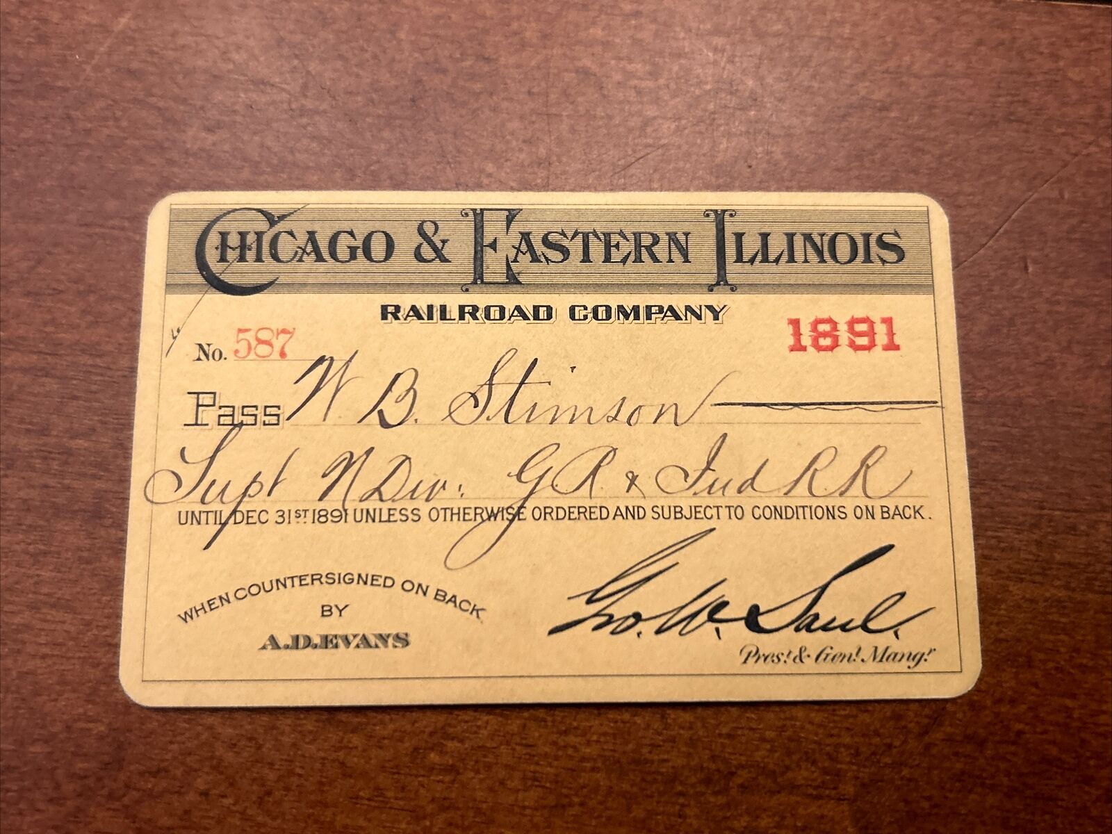 Rare 1891 Chicago & Eastern Illinois Railroad Pass Railway RR Train