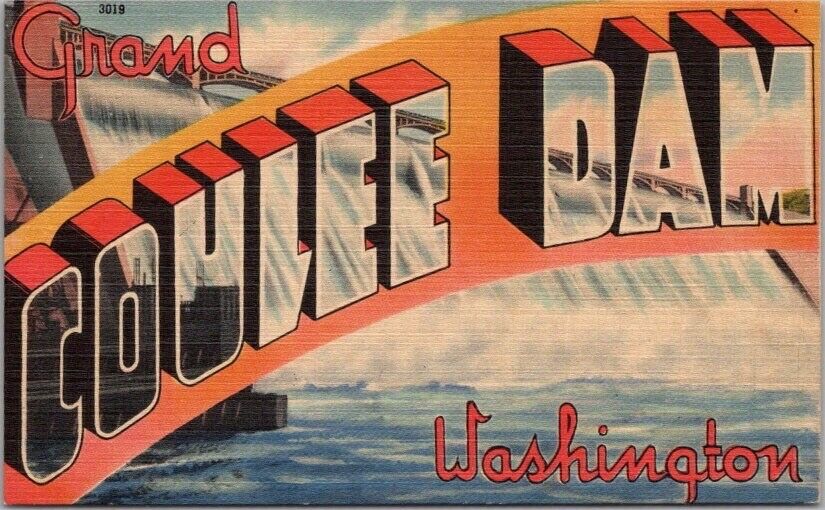 c1940s GRAND COULEE DAM Washington Large Letter Postcard / Tichnor Linen Unused