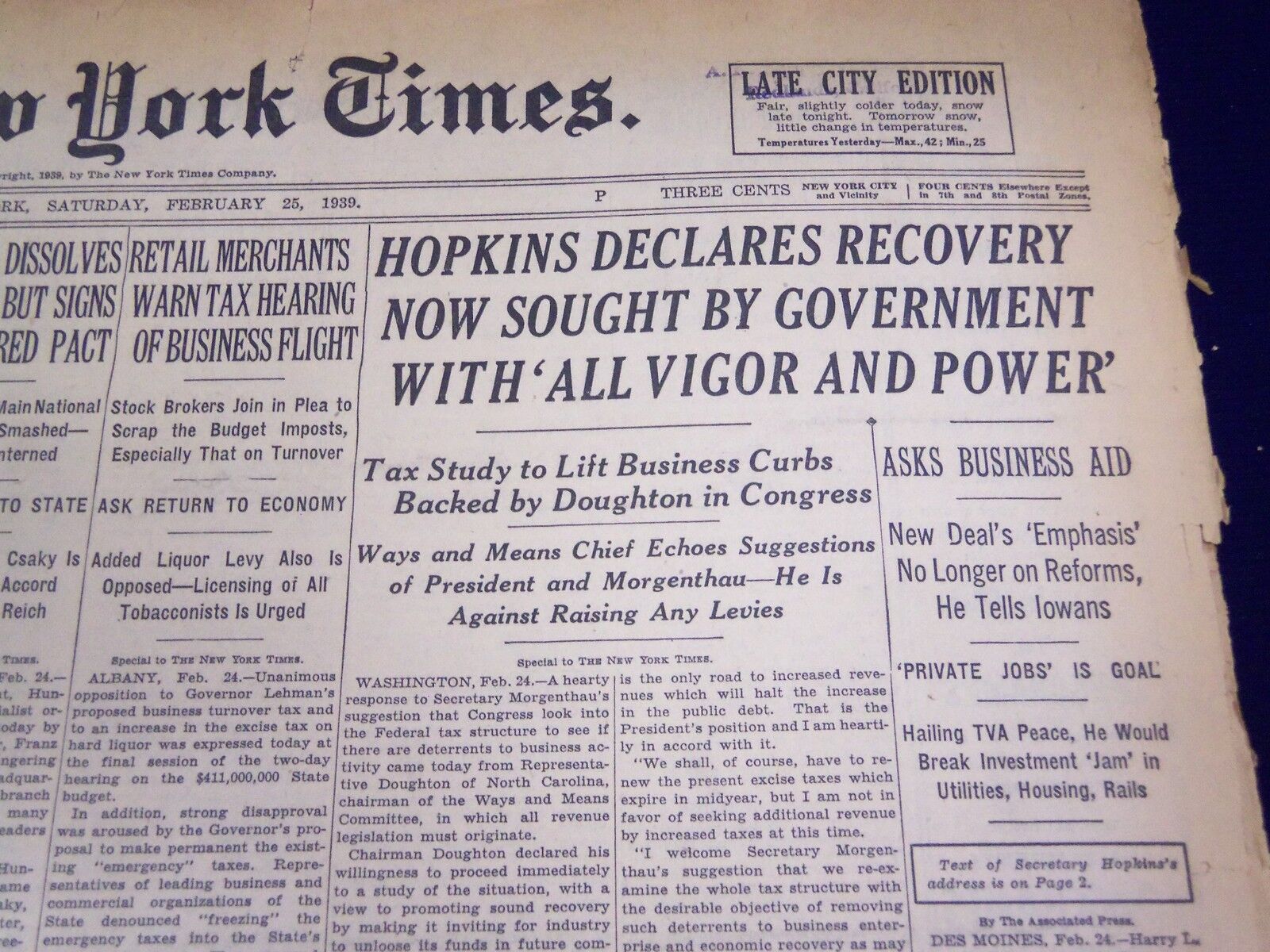 1939 FEB 25 NEW YORK TIMES - HOPKINS DECLARES RECOVERY SOUGHT BY GOV. - NT 593