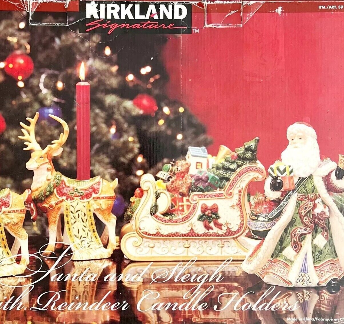 Kirkland Santa Sleigh Reindeer Candleholders Christmas Ceramic Set Of 4 Decor SS