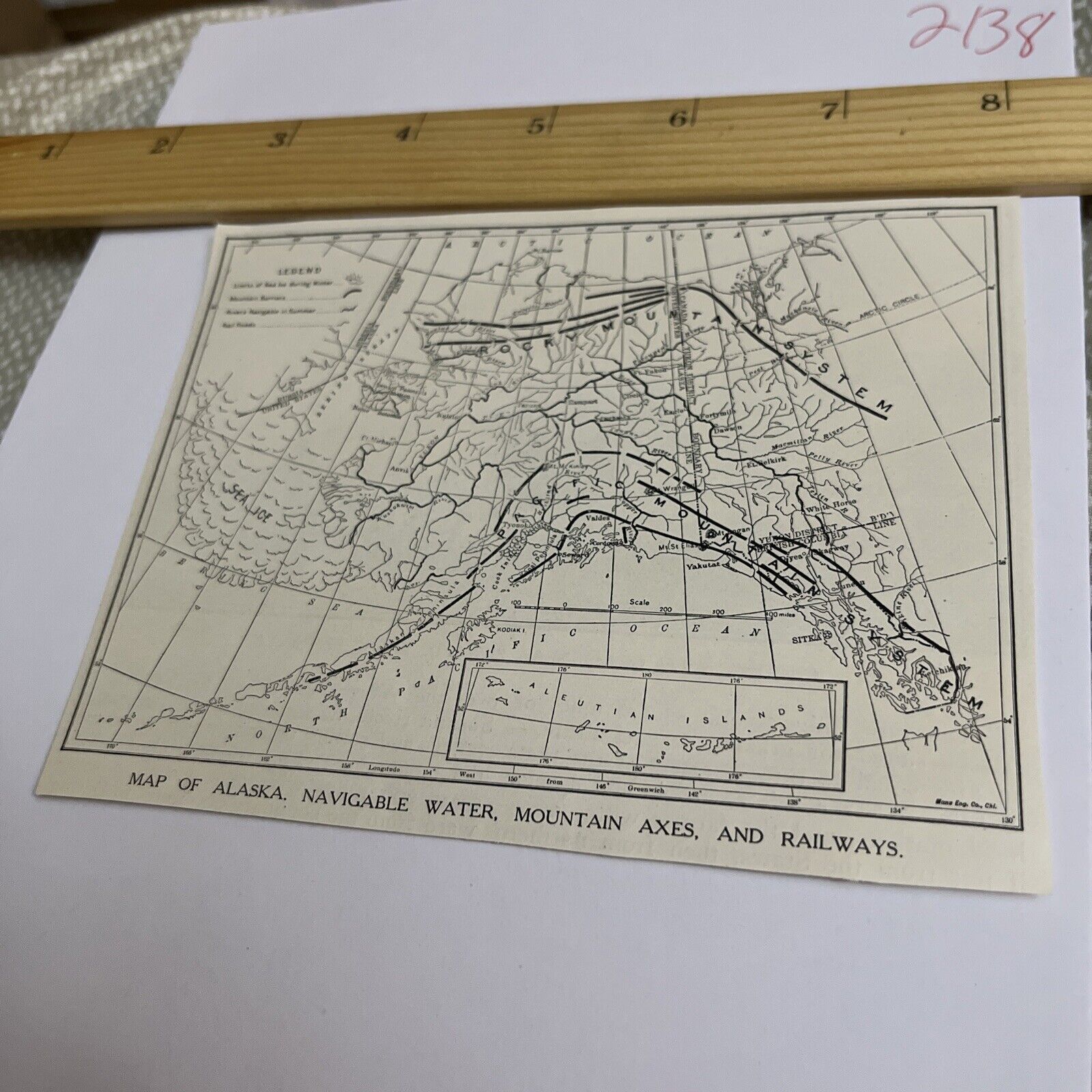 Antique 1909 Image: Map of Alaska Navigable Water Mountain Axes & Railways