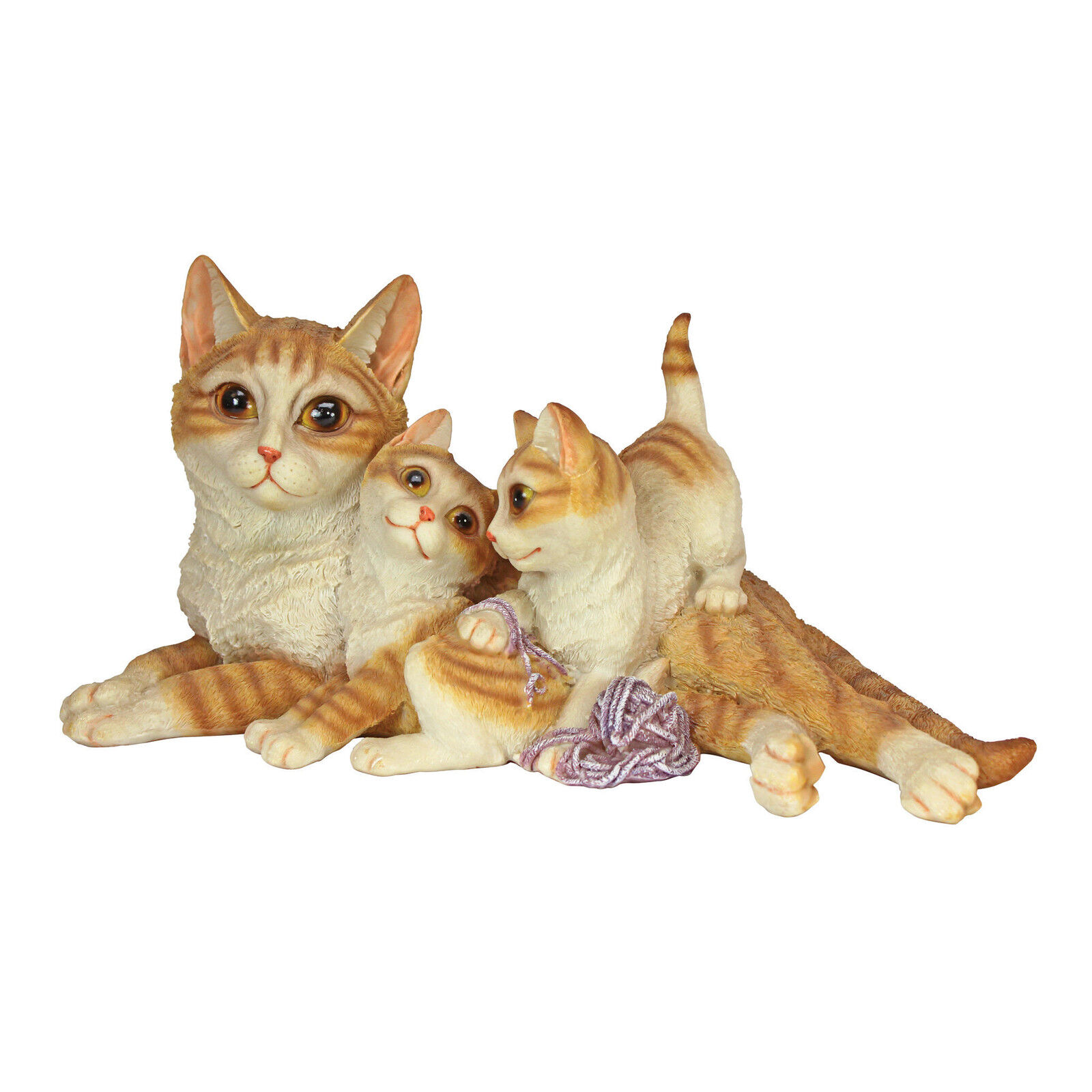 Tabby Cat Family Yellow & Orange Mom and Kittens With Yarn Home Garden Sculpture