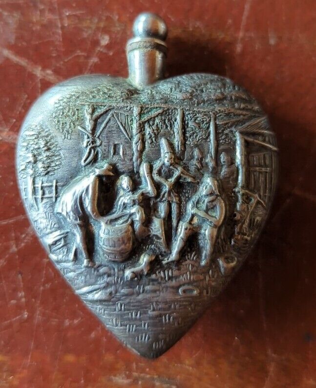 Antique Denmark Heart Shape Repoussé Perfume Snuff Rare Bottle