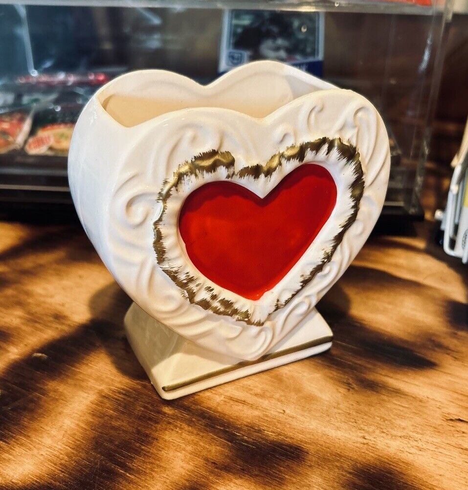 Vintage Ceramic Red Heart with Gold Valentine’s Day Planter Vase RB Japan #1942