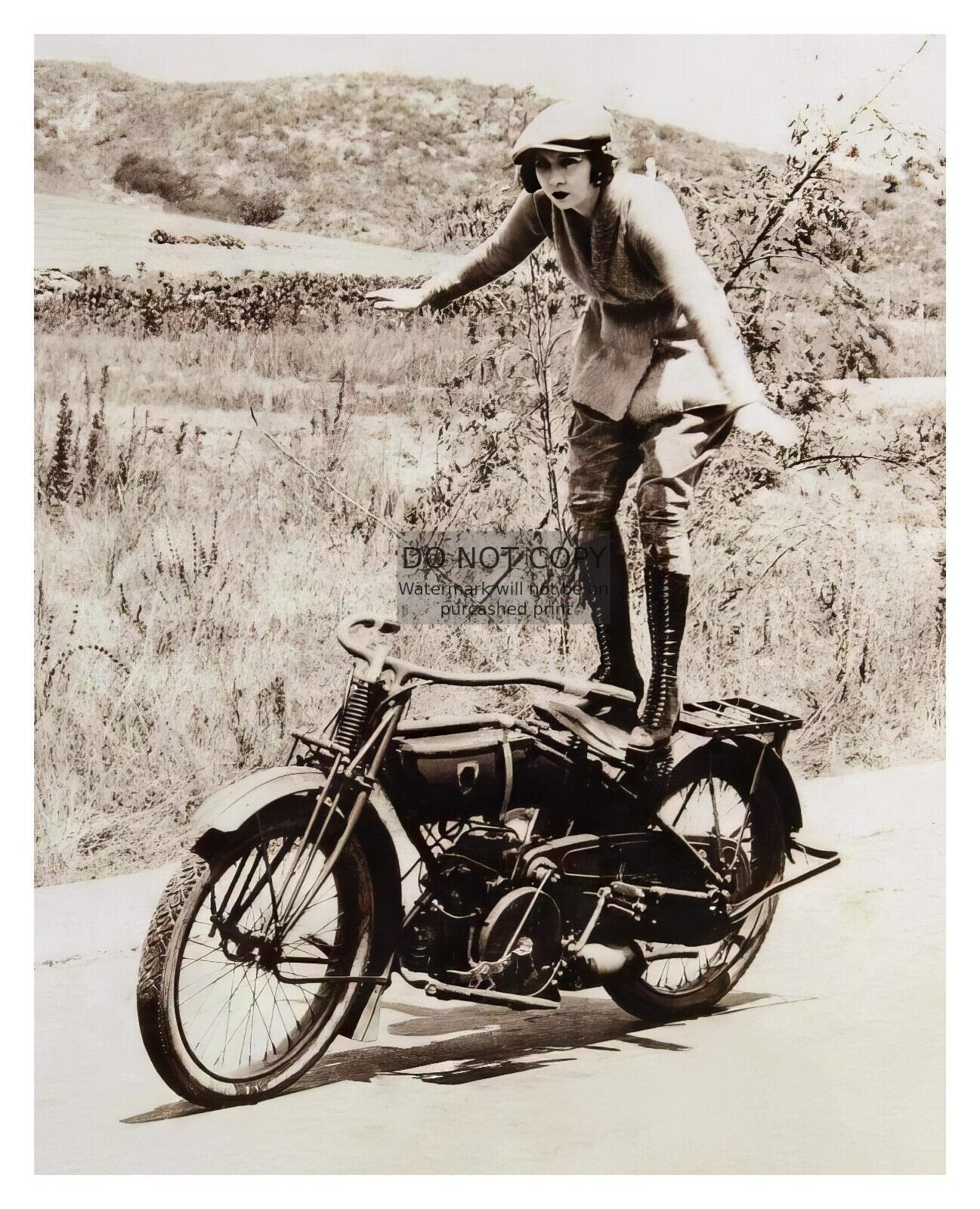 GIRL STANDING ON HER MOTORCYCLE 1920s 8X10 PHOTO