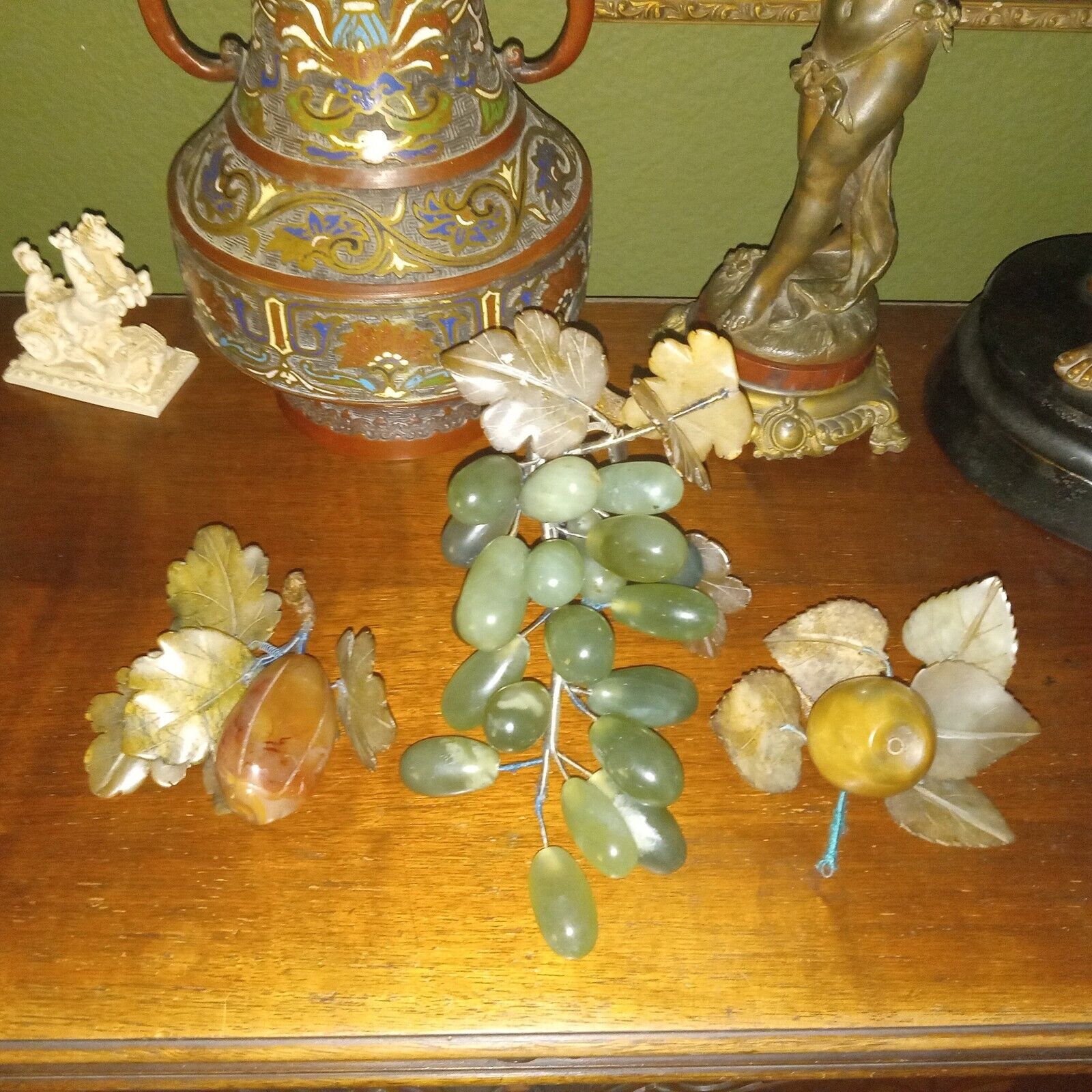 Vintage Green Jade Grape Cluster With Leaves