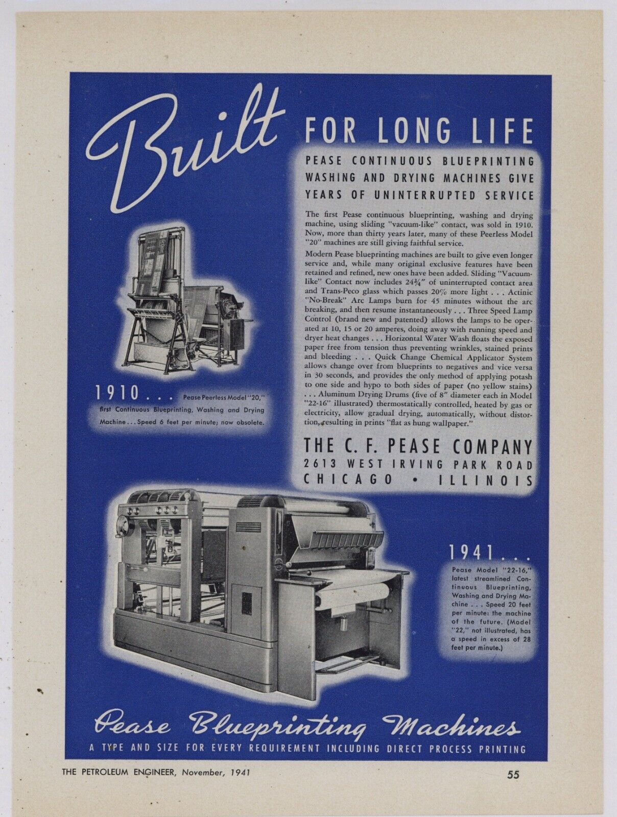 1941 C.F. Pease Co. Ad: Pease Blueprinting Machines - 1910, 41 Models Pictured