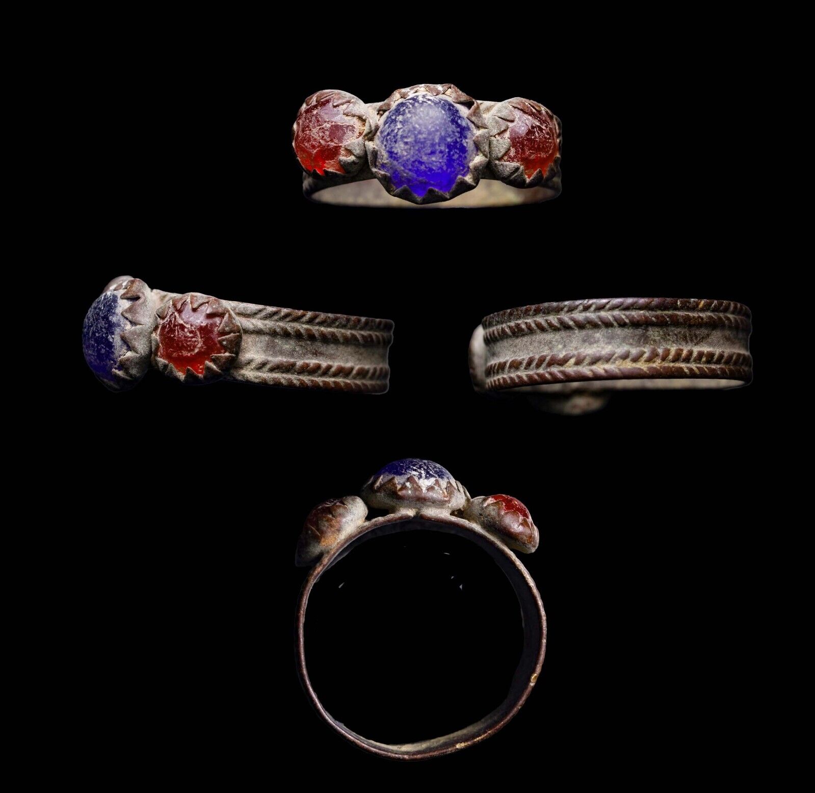 Spectacular Triple Stone Red and Blue SILVER Ring CRUSADERS in Jerusalem w/COA