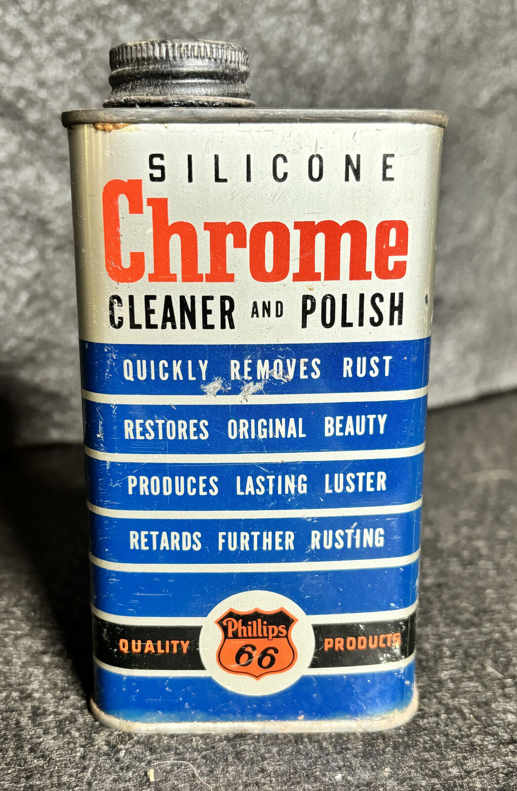 Vintage Phillips 66 Orange Shield Silicone Chrome Cleaner Can Oil Gas NOS Rare