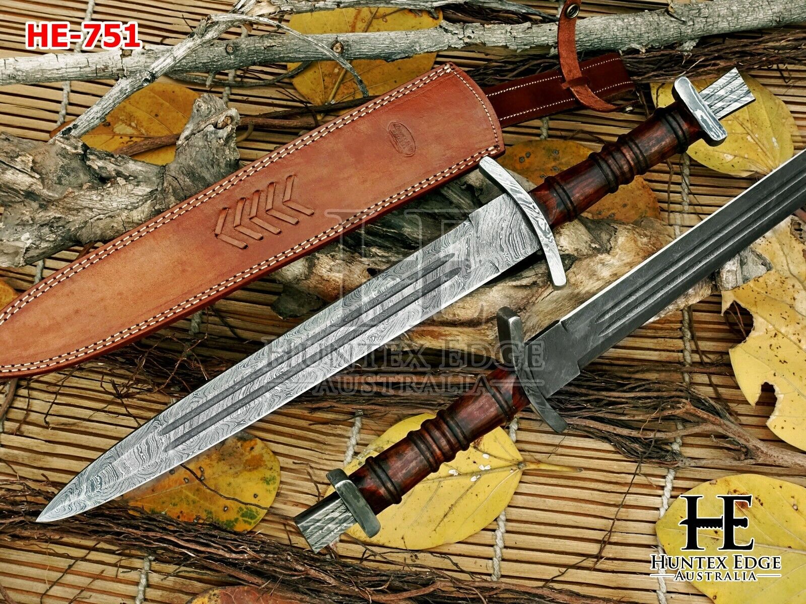 HUNTEX Handmade Damascus Blade, Rosewood Hilt, 58 cm, Gladius Viking Short Sword