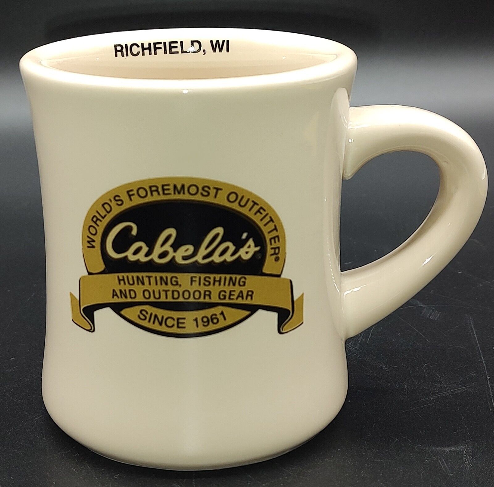 CABELA\'S Hunting Fishing Heavy Diner Style Coffee Mug Richfield Wisconsin 
