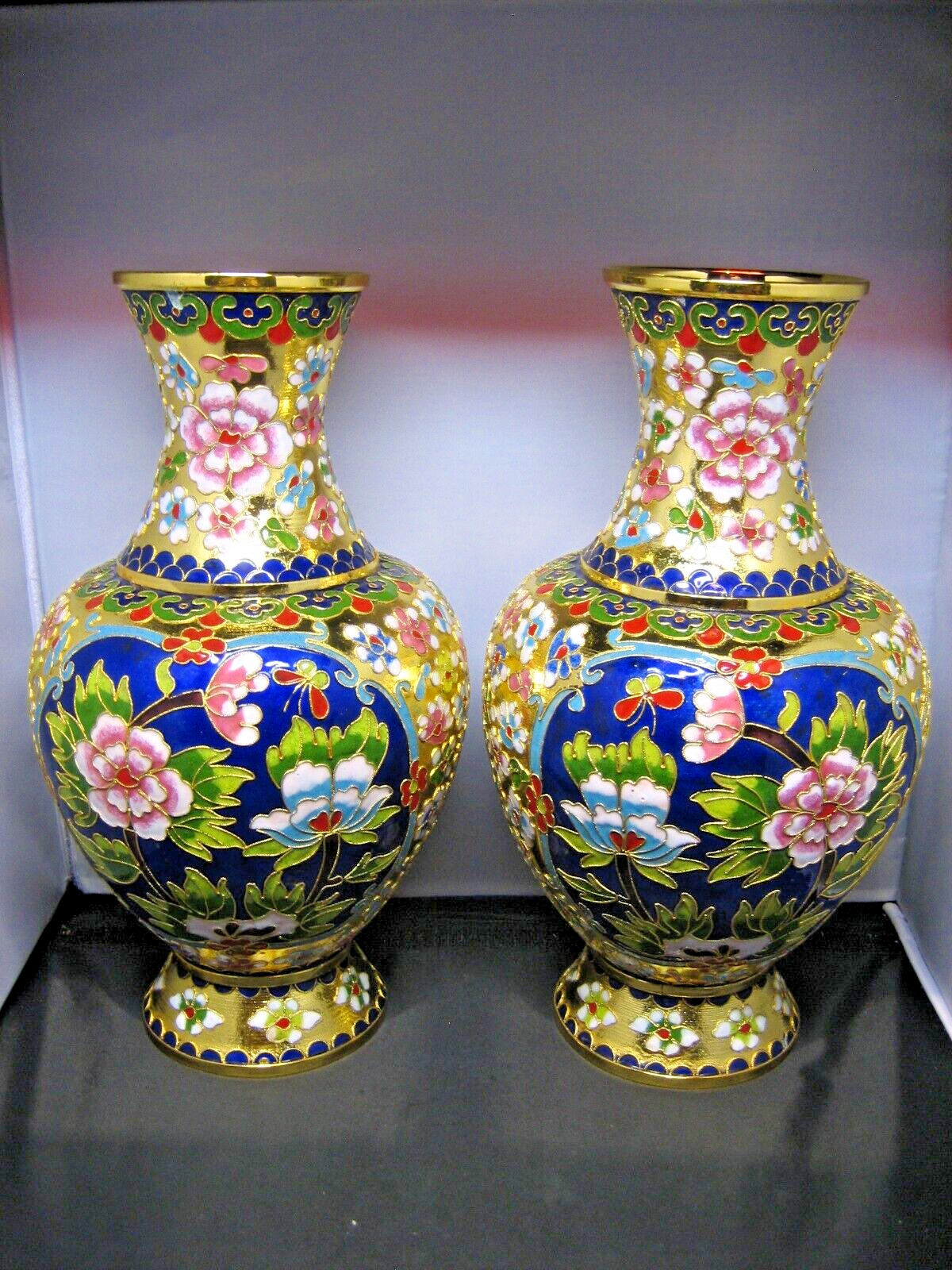 Pair large vintage Chinese hand made floral design cloisonné enamel vases NEW