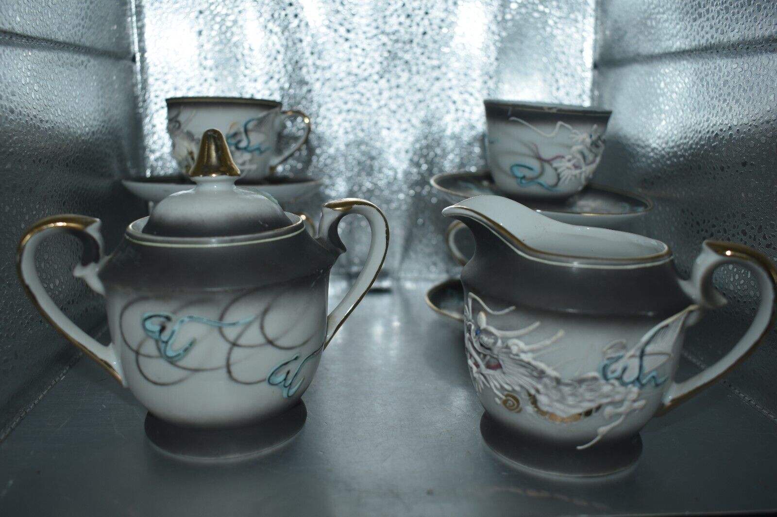Vintage Moriage Dragonware Tea Set Creamer/Sugar Four Demitasse Cups and Saucers