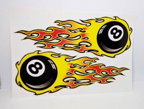 FLAMING EIGHT BALL (PAIR) Vintage Style DECAL / STICKER, rat rod, racing