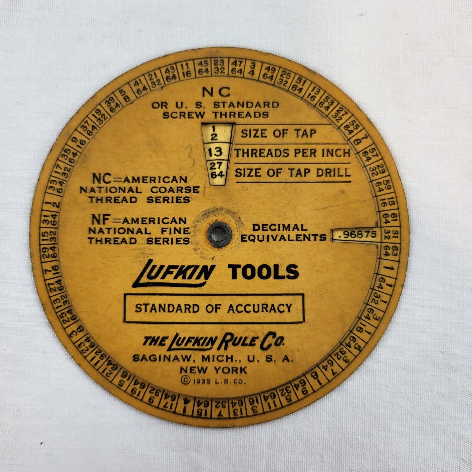 1935 Lufkin Rule Co Tool Screw Thread Calculator Round Slide Rule Tap Drill