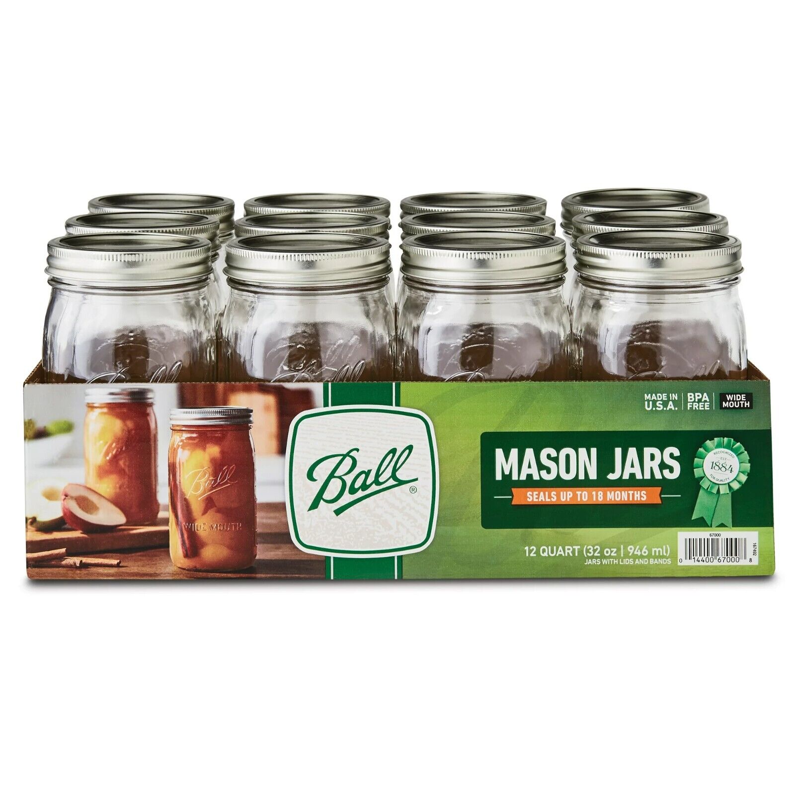Ball Wide Mouth Quart Canning Mason Jars with Lids and Bands, 12 Count 32oz New