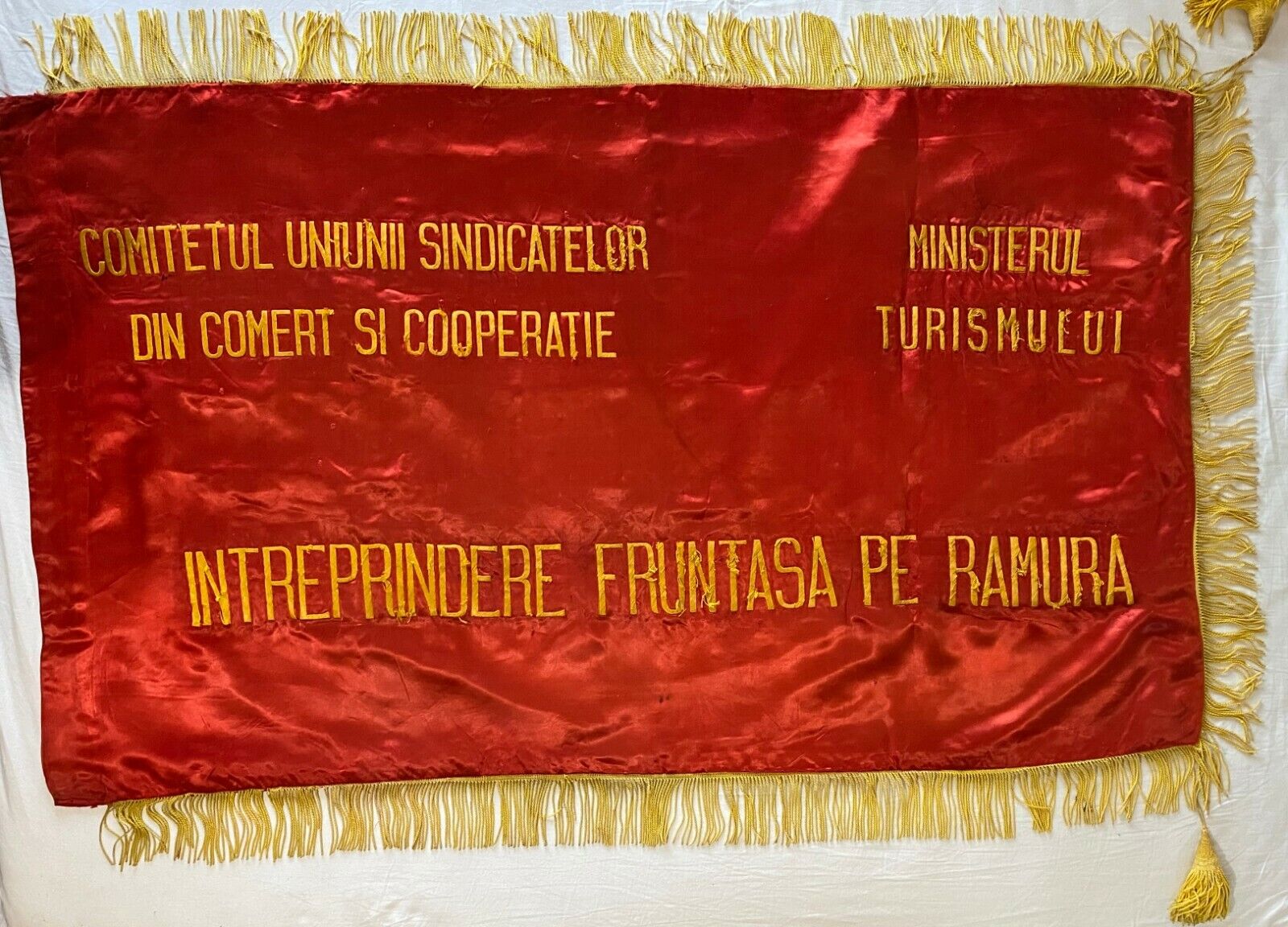 Romania Communist Silk Flag Ministry Red Banner Workers Unite Very Rare