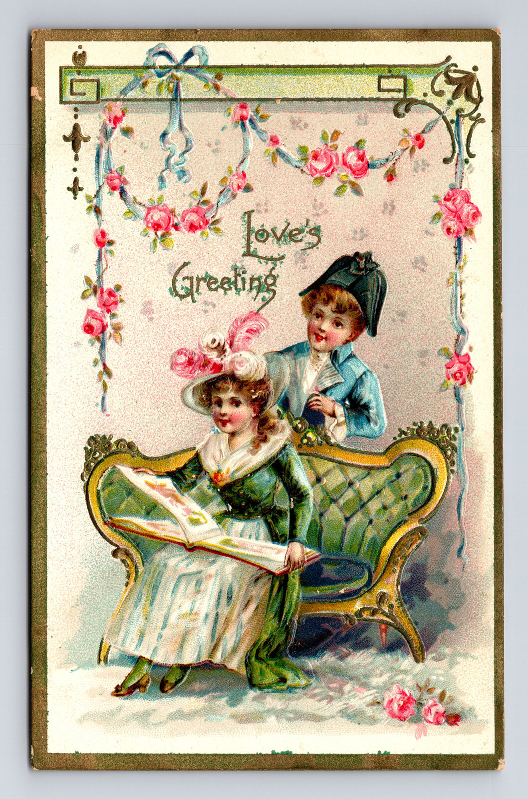 1910 TUCK's Floral Missives Series Colonial Boy & Girl Plumed Hat Postcard