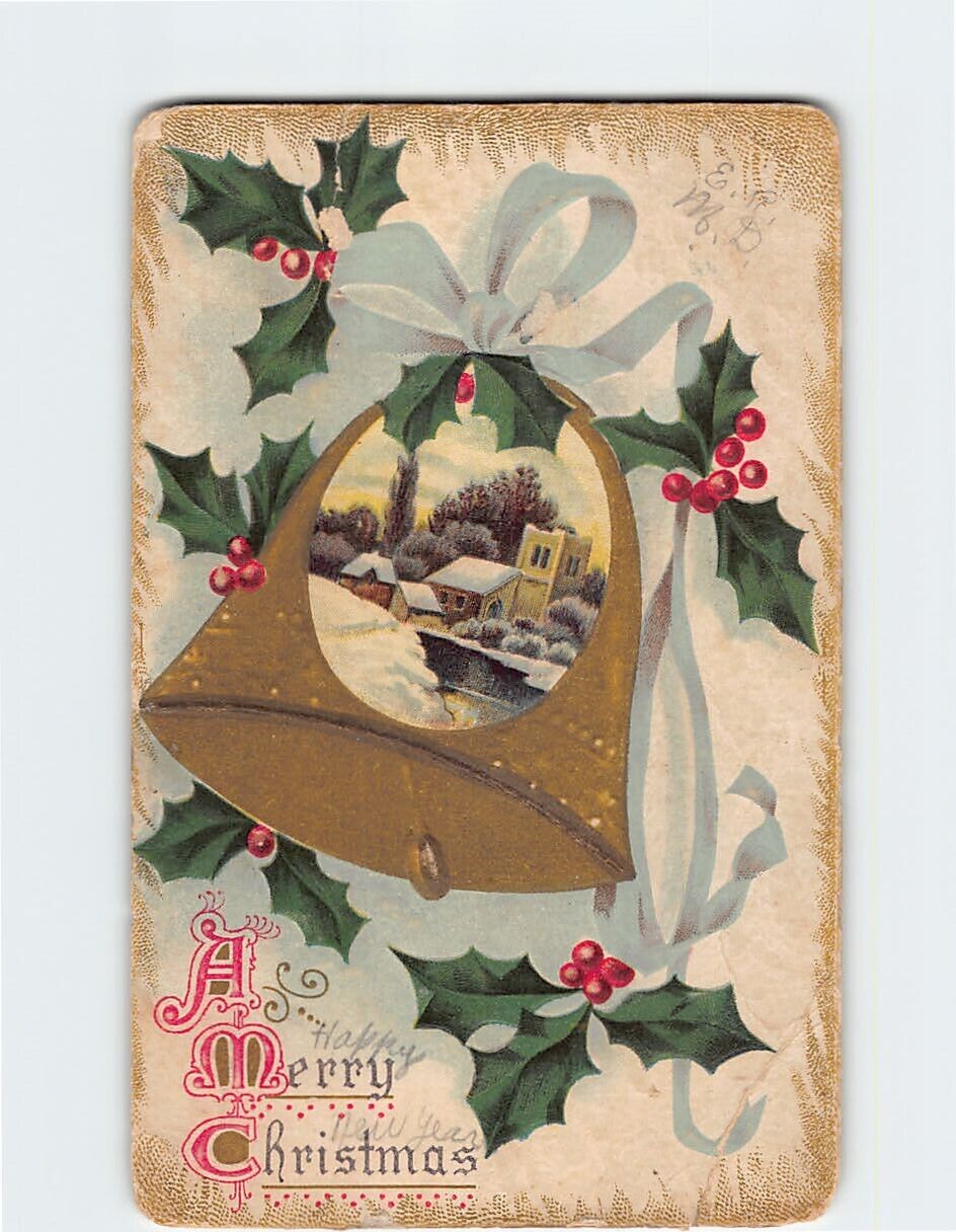 Postcard A Merry Christmas Winter Scene Bell & Christmas Holly Art Print