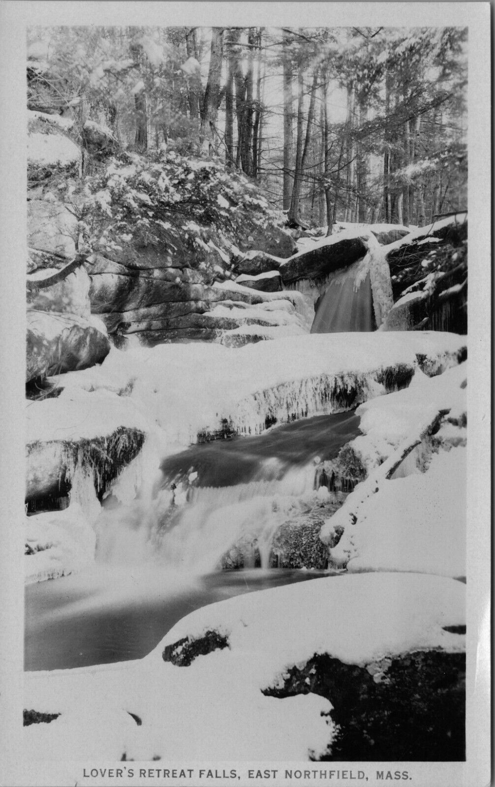 RPPC Winter Icy Snow-Covered Lovers Retreat Falls East Northfield MA Postcard