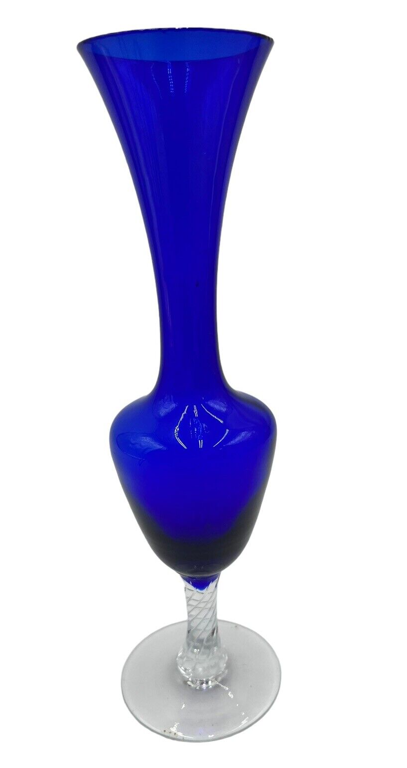 Vtg Cobalt Blue Glass Tulip Swirl Clear Stem Flower Bud Vase 8 1/4\