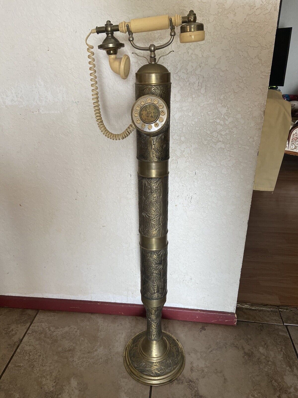 Antique Brass 1960 Floor Standing Telephone. Push Button. Retro. Decor. Vintage.