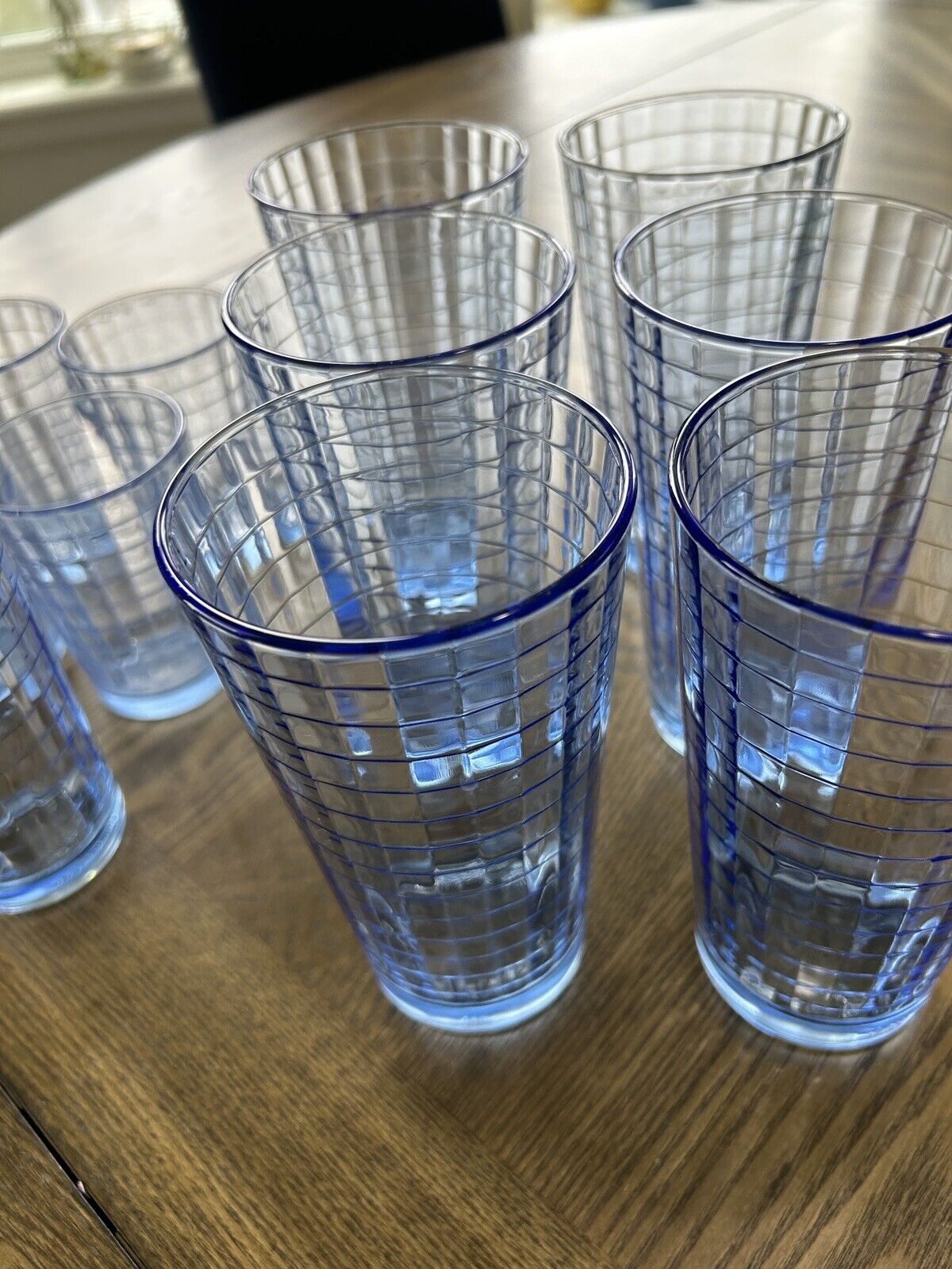 Set 13 PASABAHCE  Windowpane Blue Block Optic glass  Glasses High Ball  6” READ